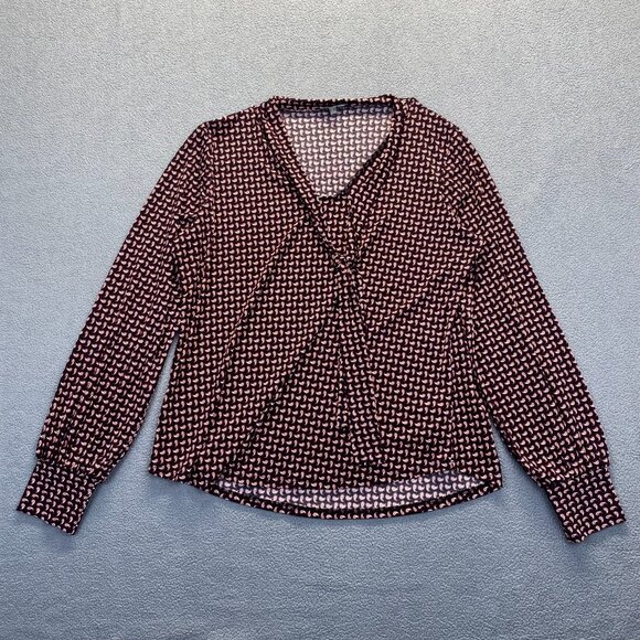 Adrianna Papell Tie Neck Blouse Crepe Size L Paisley Print Long Sleeve Stretch - Picture 1 of 8